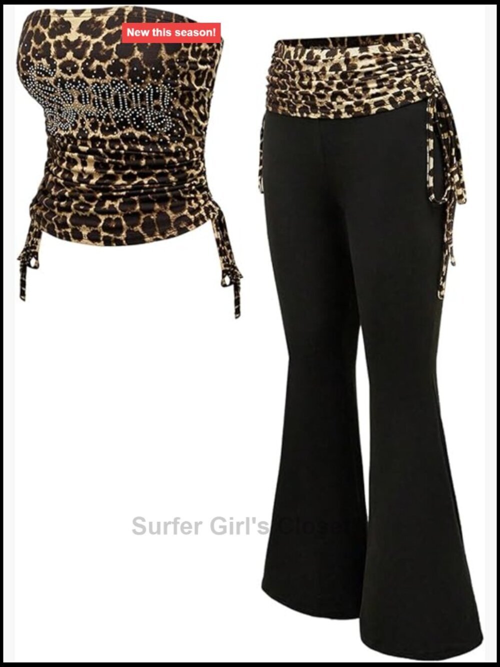 2 Piece Outfits Rhinestone Leopard Tube Tops & Side Drawstring Bell Bottoms Y2k